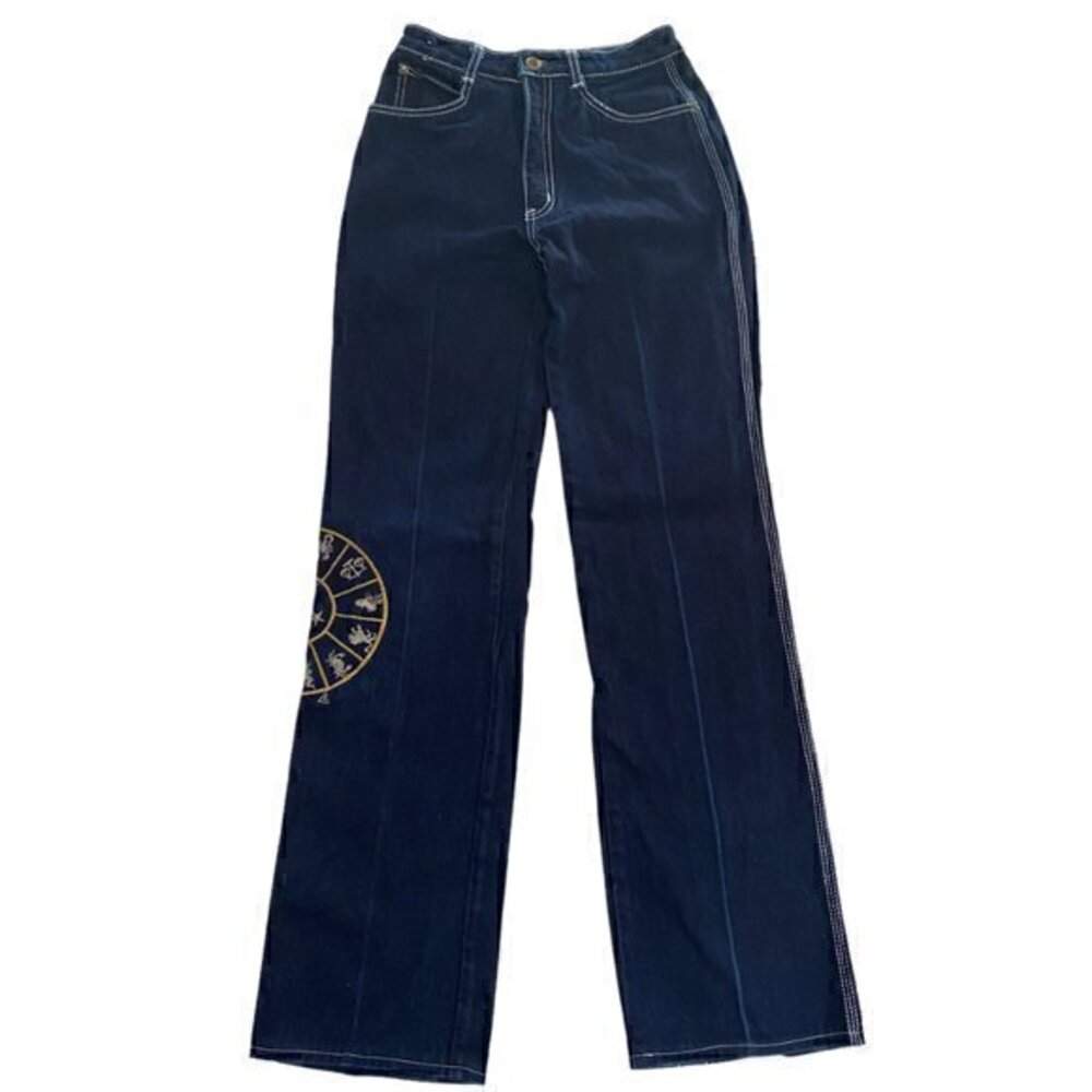 Jeans Wear Women Denim Jean Embroidered Zodiac Dark Denim Zipper and Button 28/7